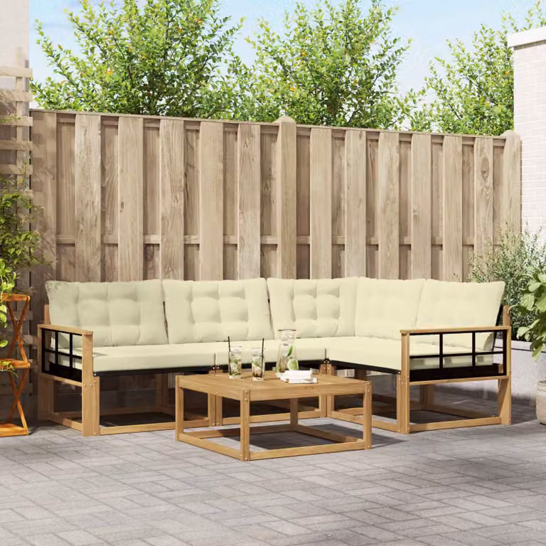 Set di divani da esterno vidaXL 5 pezzi in legno di acacia con tavolo da caffè, colore bianco, beige e marrone