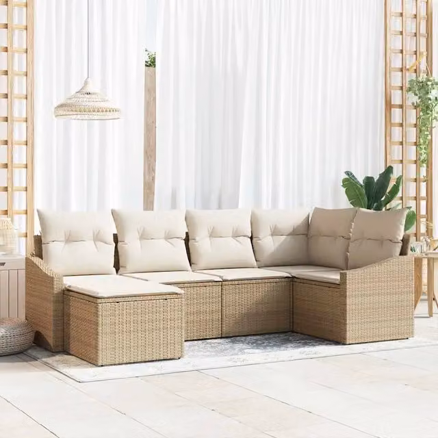 Set di divani da giardino vidaXL in rattan beige con tavolo da caffè e cuscini, composizione a L con struttura in acciaio e 6 pezzi