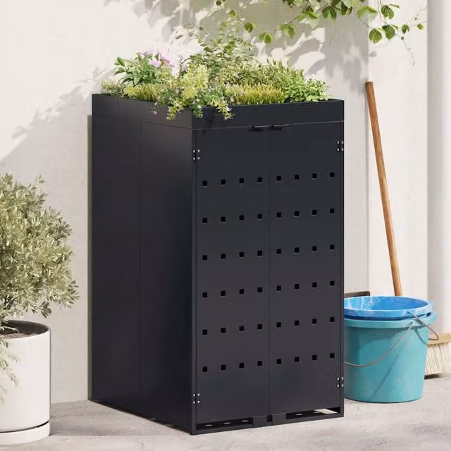 vidaXL Deposito per bidone singolo da 240L con tetto a fioriera in acciaio nero – 1