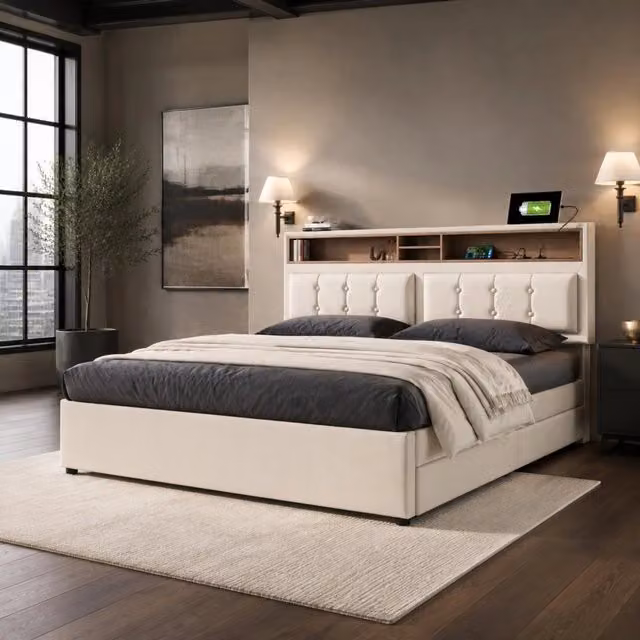 Letto Mivray con 4 cassetti e vani nella testiera, rivestito in lino beige con porte USB e Type-C, L/P/H: 140 x 200 x 104 cm