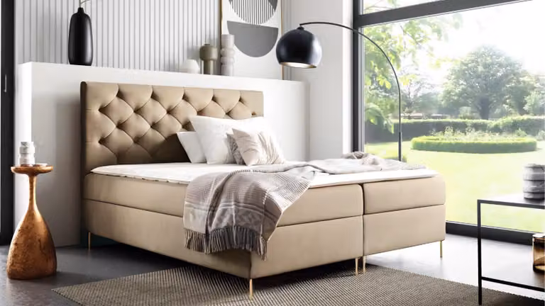 Letto GUTTO -- SARAH -- Letto a molle KARAMELL 120x200 Letto con rete e materasso incorporato + topper Tessuto velluto beige velluto dorato