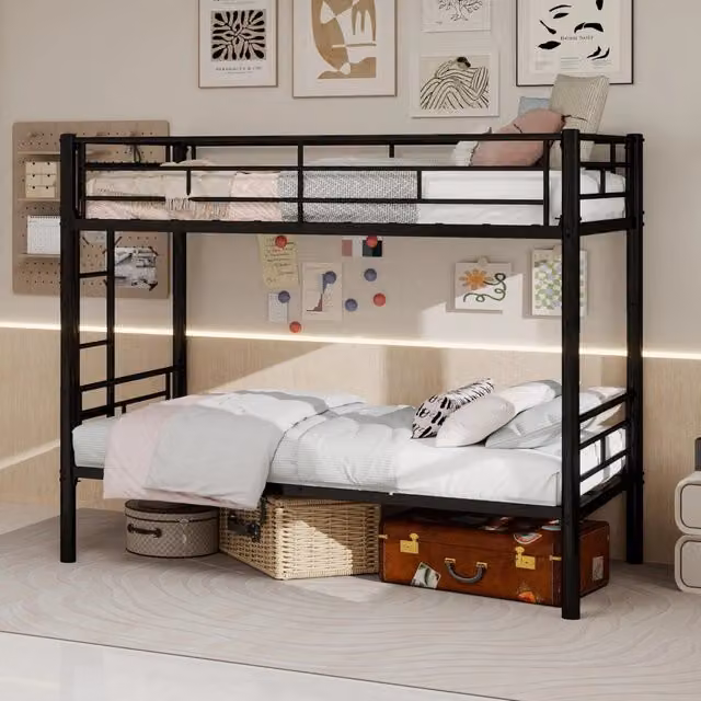 Letto a castello OKWISH in metallo nero convertibile in due letti singoli con scala e barriere di sicurezza L/P/H: 196 x 103 x 156 cm