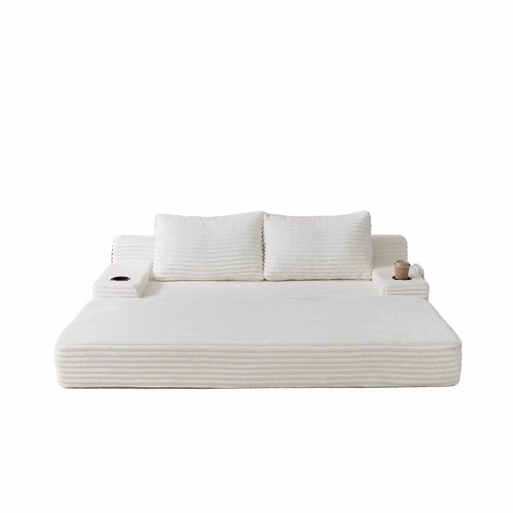Divano letto 2 posti Minimal in tessuto beige con 2 cuscini, portabibite e tasche portaoggetti – 2
