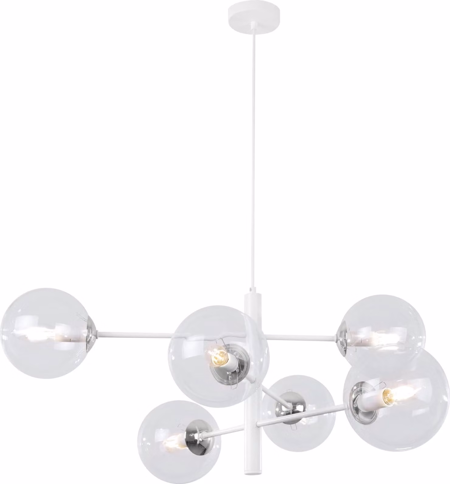 Lampada a sospensione Vicenza bianco-cromo a 6 luci con paralumi trasparenti E14