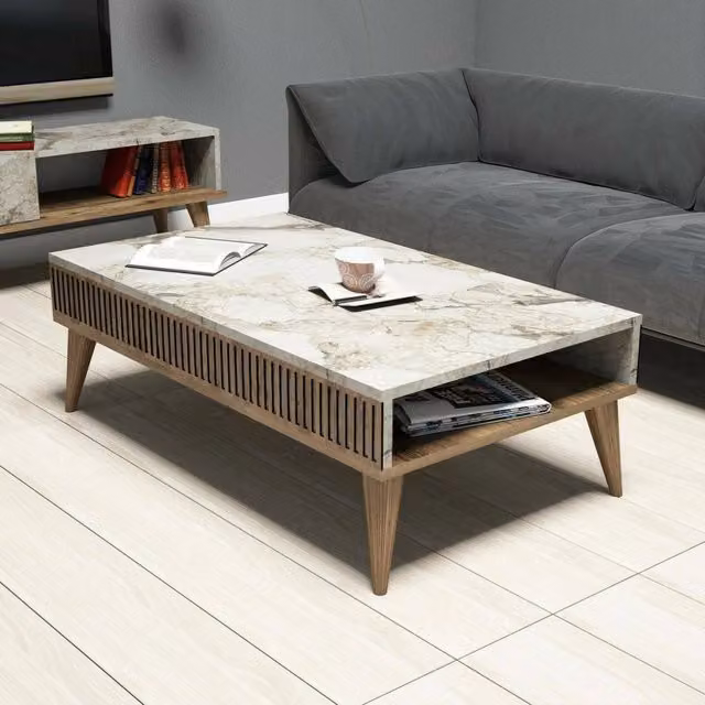 Tavolino da salotto Atrani, Tavolo basso da caffè, Portariviste per divano, Ripiano da soggiorno, 105x60h35 cm, Noce e Bianco