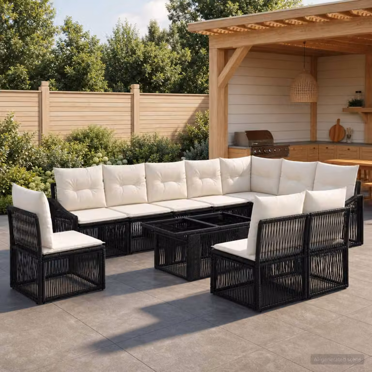 Set Divano da Giardino vidaXL 11 pz in Polyrattan Nero e Bianco con Cuscini e Tavolino da Esterno a Forma di U