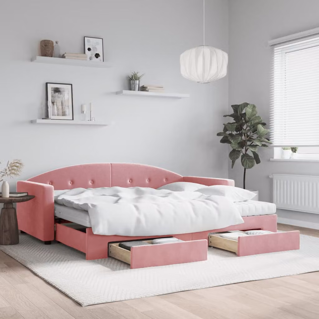 vidaXL Divano Letto Estraibile in Velluto Rosa con Cassetti L/P/H: 222 x 90 x 200 cm