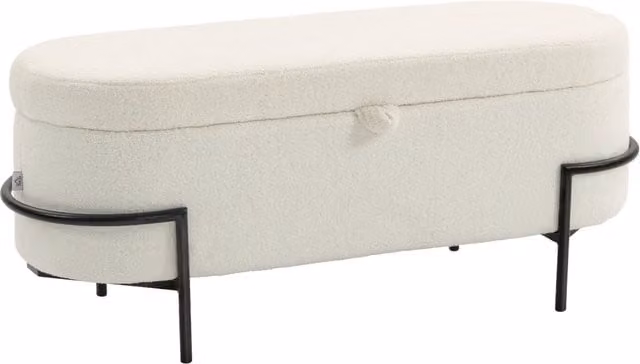 Pouf contenitore per soggiorno, sgabello imbottito in pile con coperchio e gambe in acciaio, bianco crema, pratico e salvaspazio