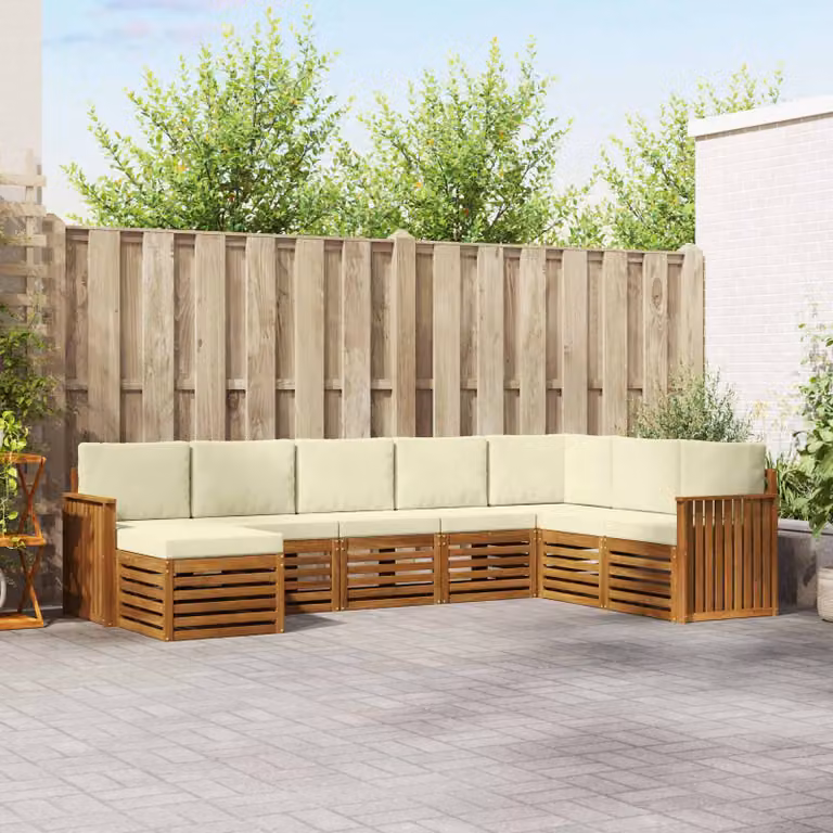 Set di divani da esterno vidaXL a forma di L in legno di acacia con cuscini, 8 pezzi, Beige e Bianco