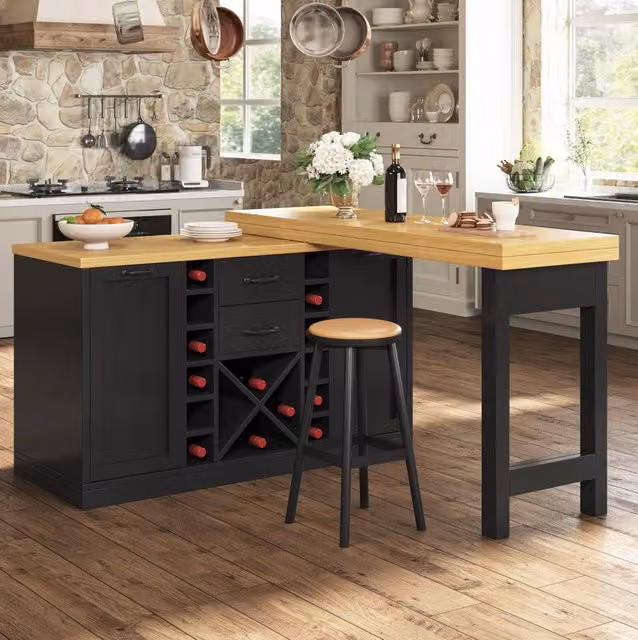 Isola da cucina ULEVR girevole 120-223x40 cm con 2 cassetti, portabottiglie removibile e portarifiuti, nero