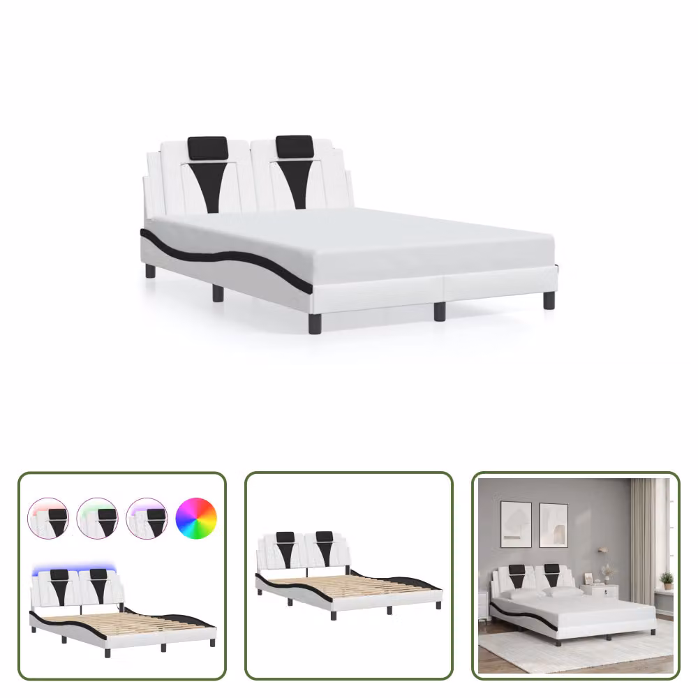 The Living Store Struttura letto con LED bianco e nero 140x190 cm in ecopelle