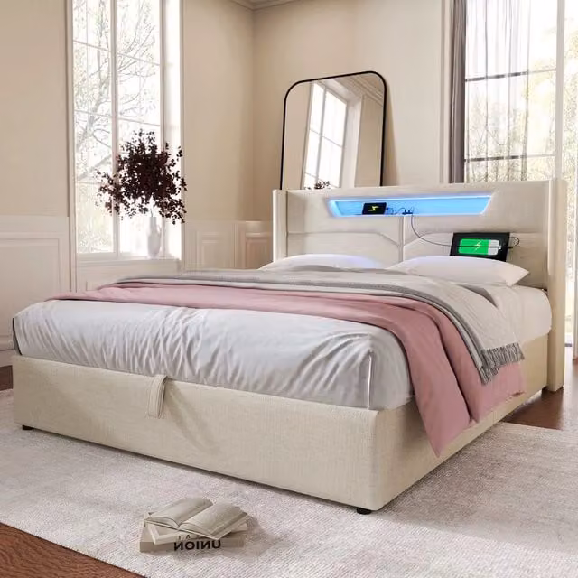 Letto imbottito contenitore con LED ¨C Minimal ¨C tessuto 160x200cm con rete a doghe