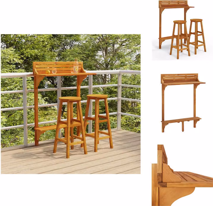 vidaXL Set bar da balcone 3 pezzi in legno massiccio di acacia - Set di mobili da giardino