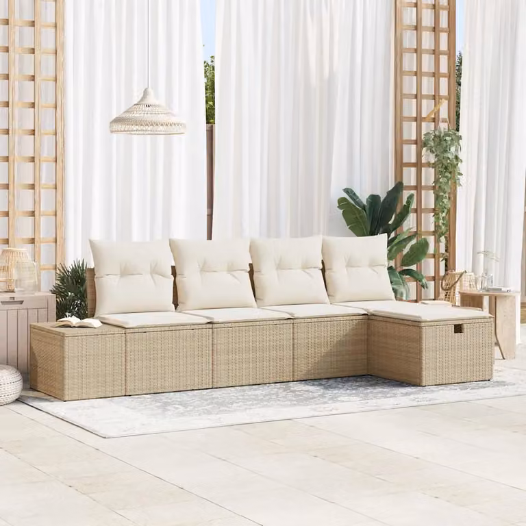 Set di divani da giardino vidaXL a forma di L in rattan beige con cuscini e tavolino da esterno