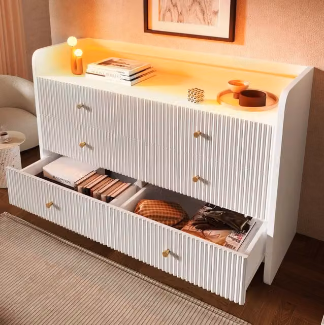 Credenza con LED; 6 cassetti e 1 vano aperto; 120x40x75 cm; bianco