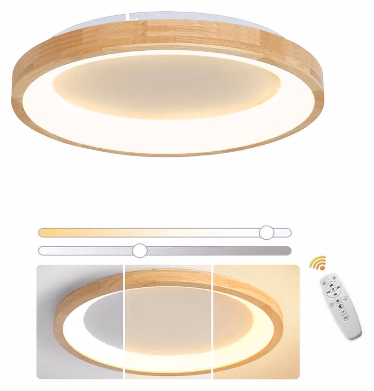 Lampada da soffitto a LED, legno, 40 cm, dimmerabile, con telecomando, 24W