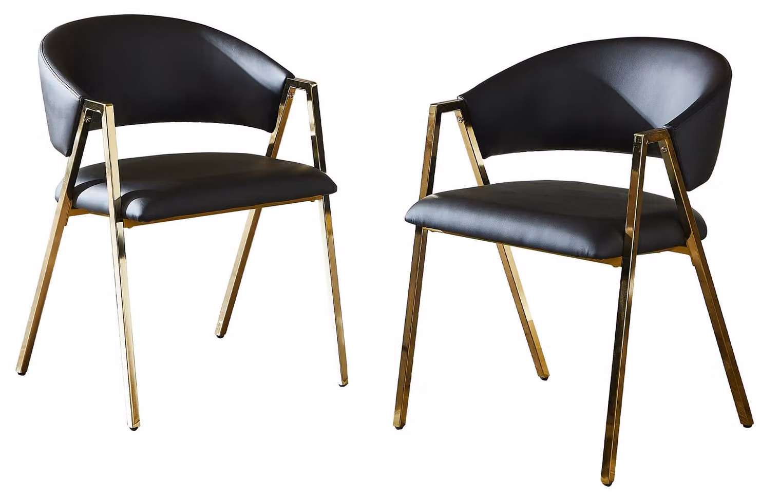 Set di 2 sedie da pranzo, rivestite in ecopelle nera, con struttura in metallo dorato, schienale sagomato, piedini regolabili e altezza seduta di 49 cm