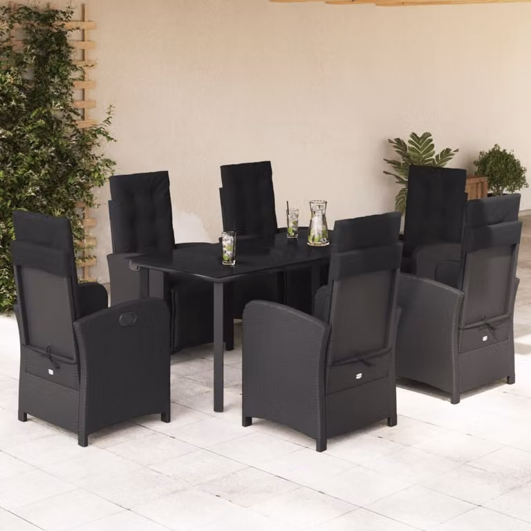 vidaXL Set da Pranzo da Giardino 7 pz in Polyrattan Nero con Cuscini e Tavolo in Vetro