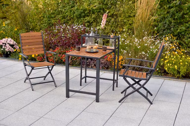 Set da balcone Merxx Santorin, 3 pezzi, 2 sedie pieghevoli, tavolo pieghevole da balcone 91 x 60 x 87 (74) cm - Alluminio/Acacia