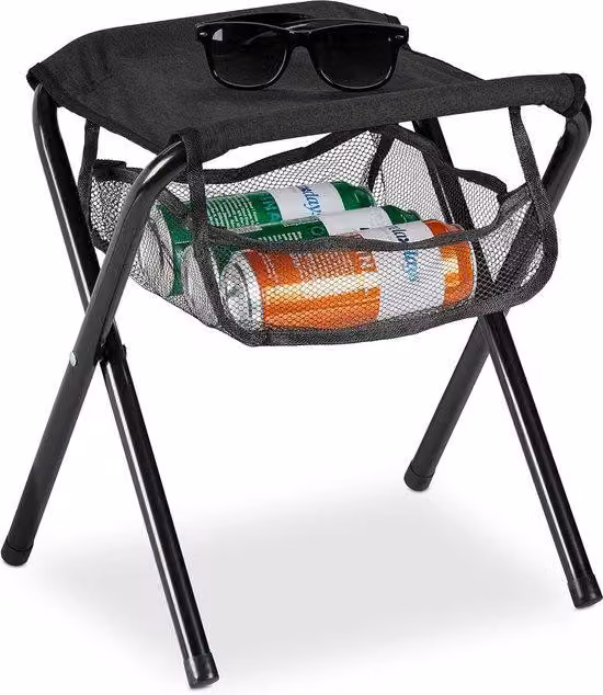 Sedia pieghevole da campeggio Unyqoos® con tasca – Nera, struttura in metallo e tessuto in poliestere resistente agli strappi, dimensioni 39 x 29 x 35 cm, pieghevole, portata massima 120 kg