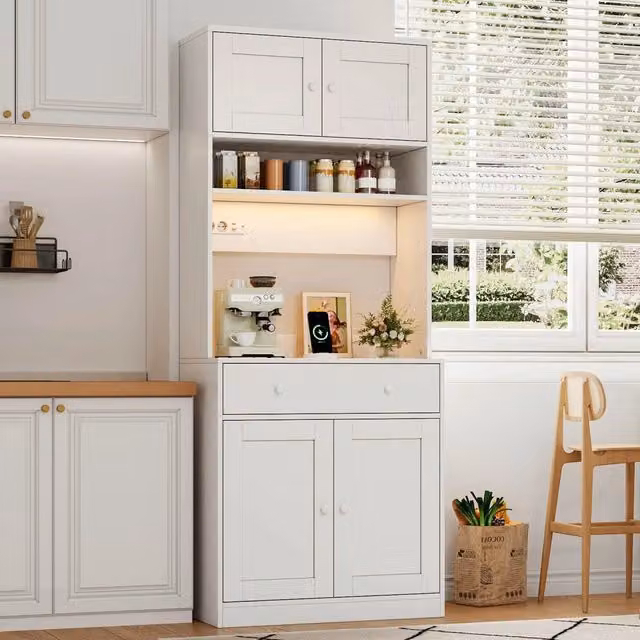 Colonna da cucina con LED RGB presa integrata grande cassetto e ripiani aperti in MDF bianco 72 × 40 × 180 cm