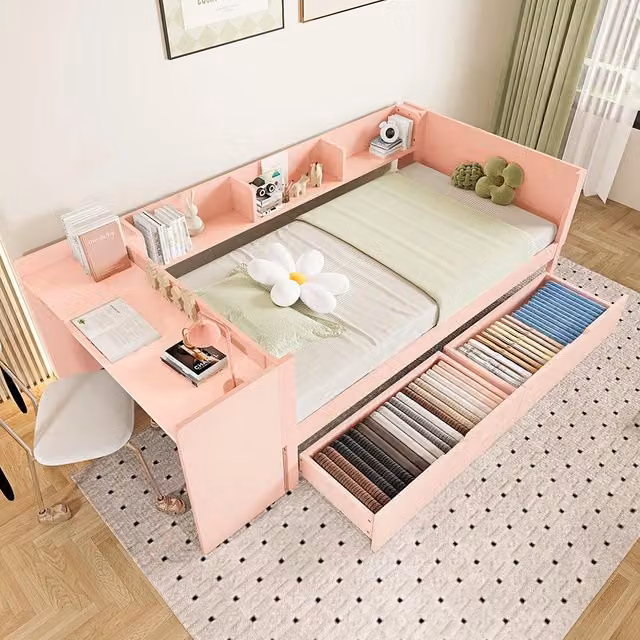 Letto singolo-Xylo-90x200 cm-con scrivania, 2 cassetti, scaffali, pino, rosa