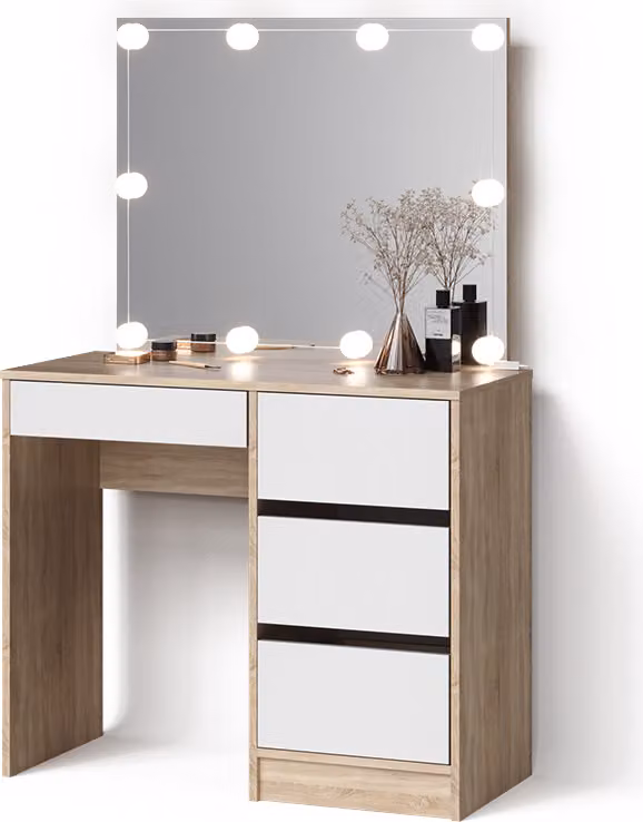 Tavolo da toeletta Livinity Imola Sonoma 90 cm con specchio e catena luminosa LED, Model 52412