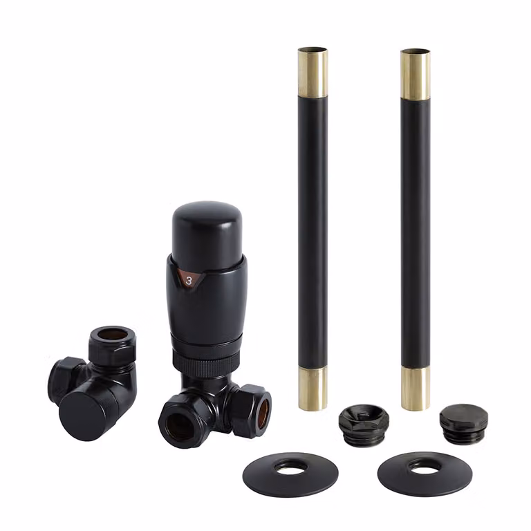 Set di Tubi e Valvole Angolari per Radiatore - Stile Moderno - Nero