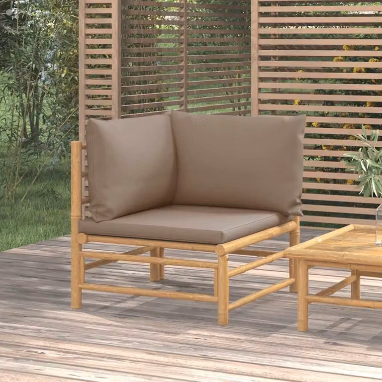 vidaXL Divano Angolare da Giardino in Legno di Bambù con Cuscini Imbottiti Beige e Grigio