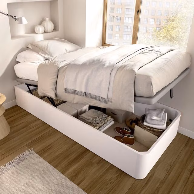 Letto Singolo Contenitore Arcata DMORA Bianco con Base a Sollevamento e Struttura in Legno, L/P: 90 x 190 cm