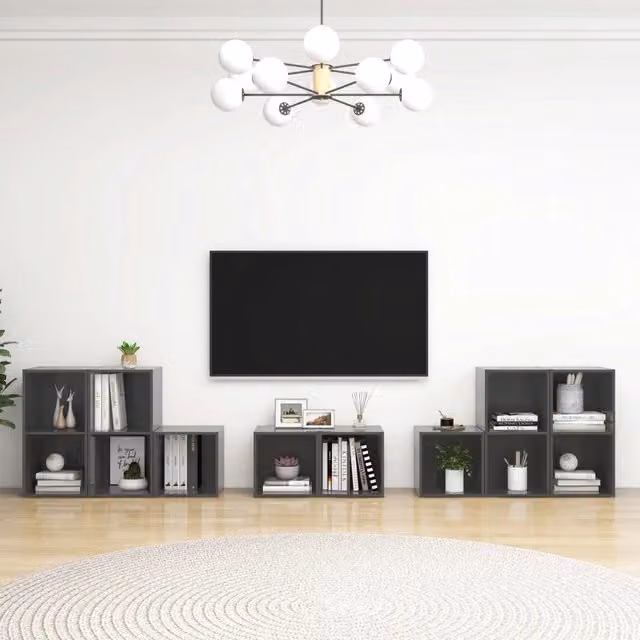 Set Mobili TV da 8 Pezzi vidaXL in Legno e MDF Grigio Lucido per Soggiorno – 1