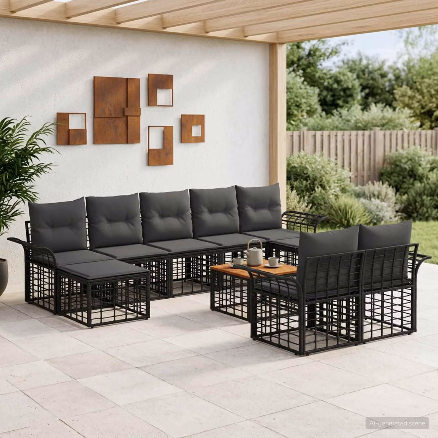 Set di divani da esterno vidaXL 10 pezzi a forma di U con tavolino e pouf, Nero e Grigio