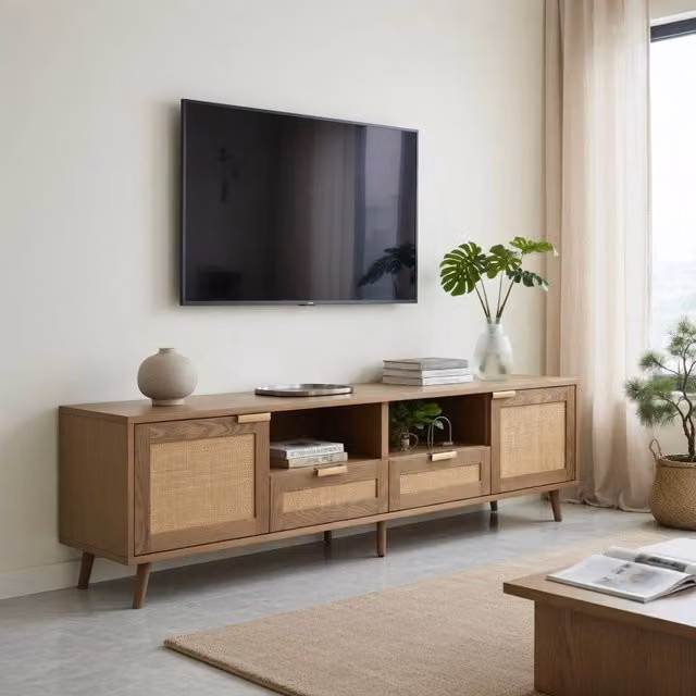 Cassettiera TV KOMHTOM in stile Mid-Century con dettagli in rattan e legno, colore marrone, L: 200 cm, P: 40,2 cm, H: 49 cm