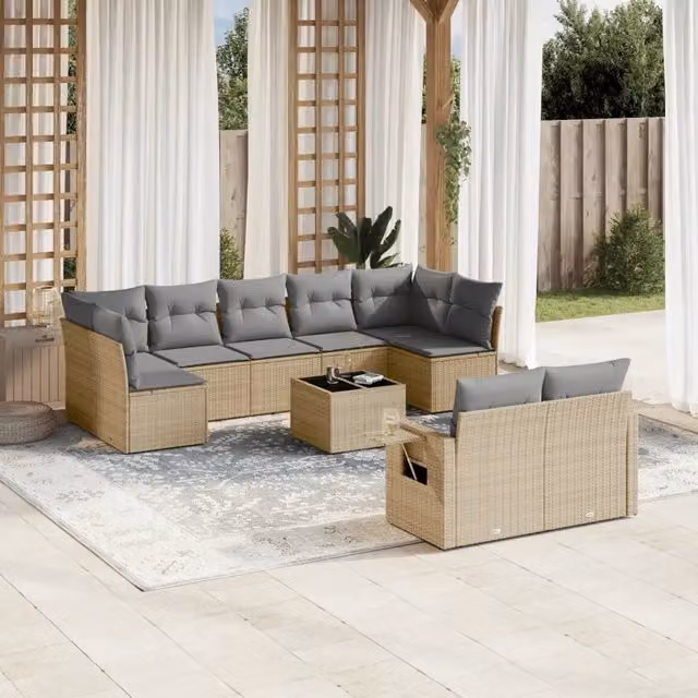 Set Divano da Giardino 10 Pezzi vidaXL in Polyrattan Beige con Cuscini e Tavolino da Esterno a Forma di U – 1