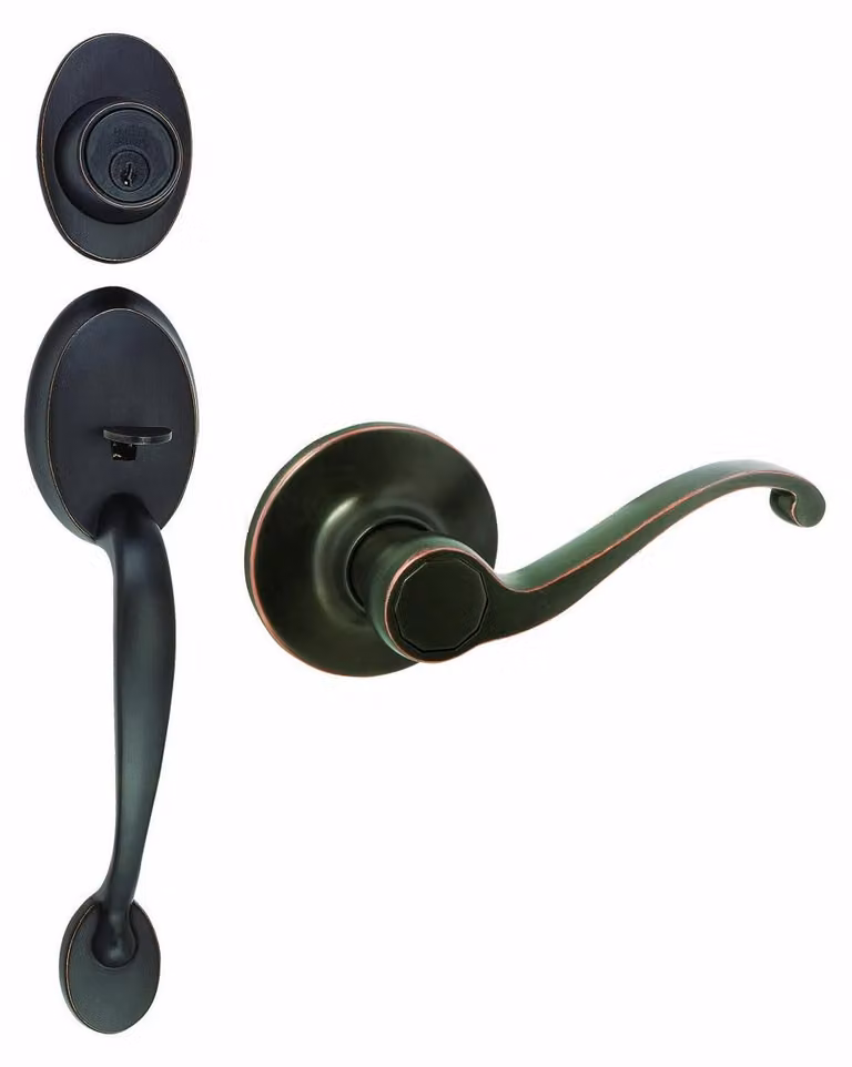 Set di maniglie, in bronzo con finitura effetto olio, a due vie, per interni