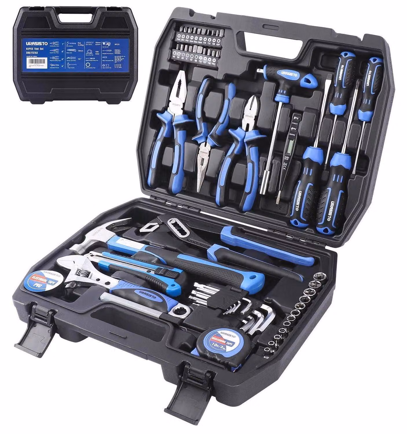 Set di 62 utensili per la casa, completo di cassetta portautensili, ideale per lavori di bricolage e riparazioni domestiche