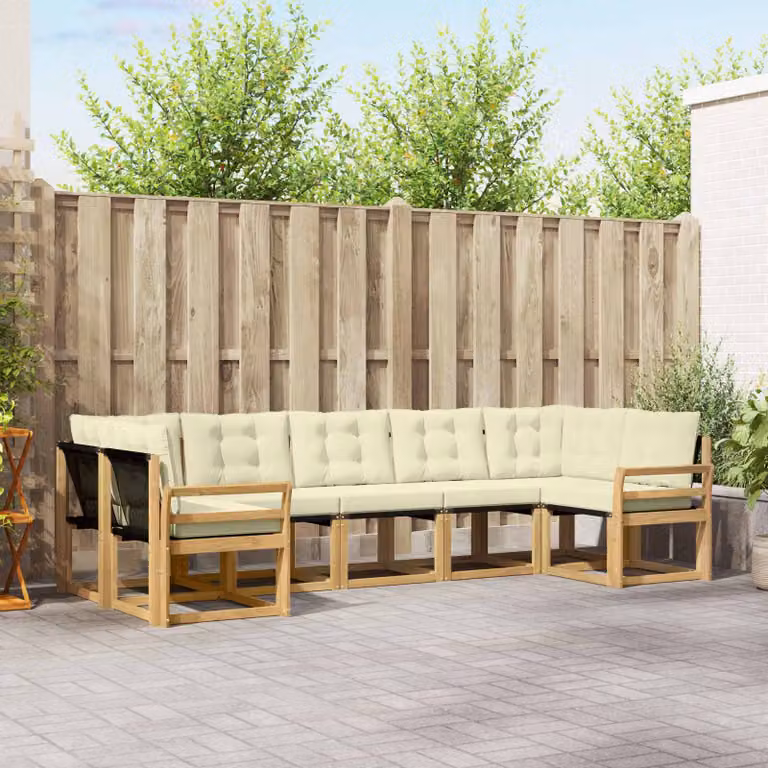Set di divani da esterno vidaXL a forma di L in legno di acacia con cuscini, Bianco e Beige