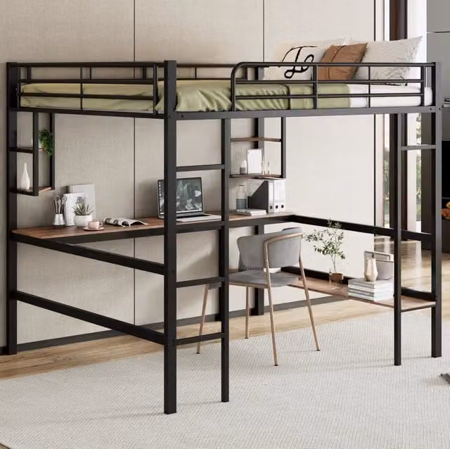Letto a soppalco in metallo 140x200 cm con scrivania e libreria; nero
