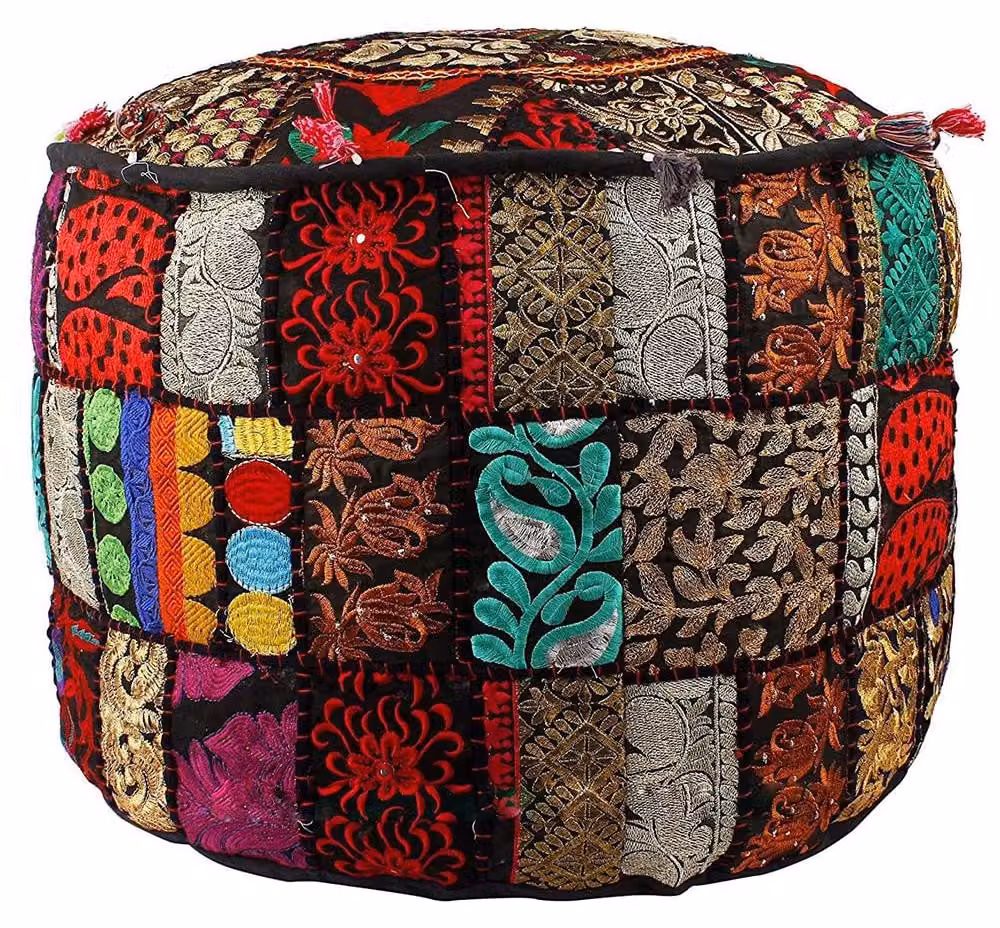 Copertura per pouf, ricamata, in cotone, colore nero, 56x35 cm
