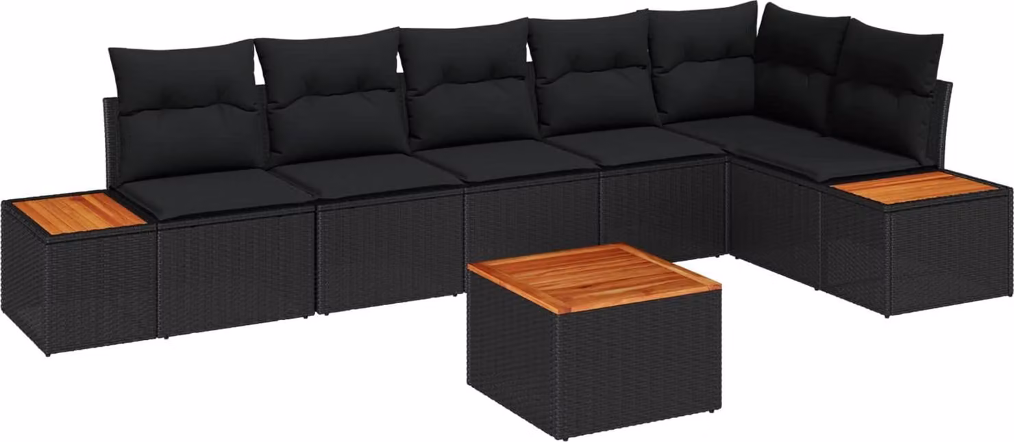 Set Divano da Giardino con cuscino 7 pcs Nero Poly Rattan