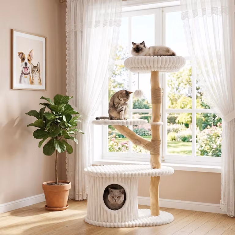 COSTWAY Albero per gatti da 105 cm con cuccia, tiragraffi per gatti con fusto in legno, superficie imbottita, piattaforme, pallina e tiragraffi in sisal, torre per gatti, albero per gatti