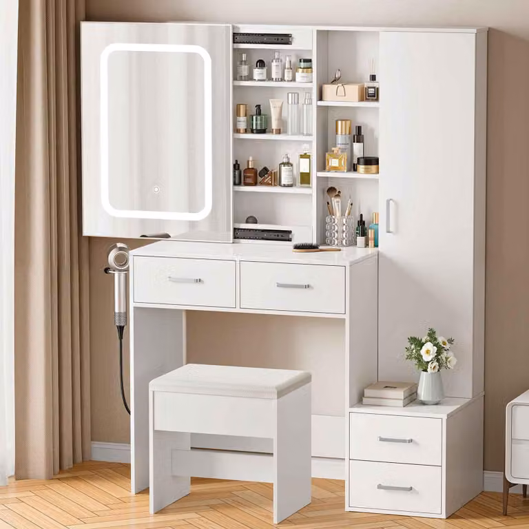 Comò da trucco Zimilo con specchio scorrevole a LED e sgabello, set moderno da trucco con prese di corrente, 4 cassetti e ampio spazio di stoccaggio per cosmetici, bianco