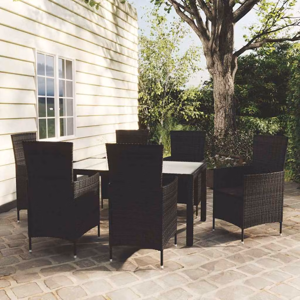 Set da pranzo da giardino vidaXL in polyrattan nero con cuscini e tavolo in vetro