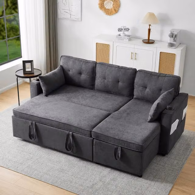 Divano letto MIVRAY a 3 posti con chaise longue reversibile, contenitore e portabevande, colore grigio in tessuto moderno per il tuo soggiorno