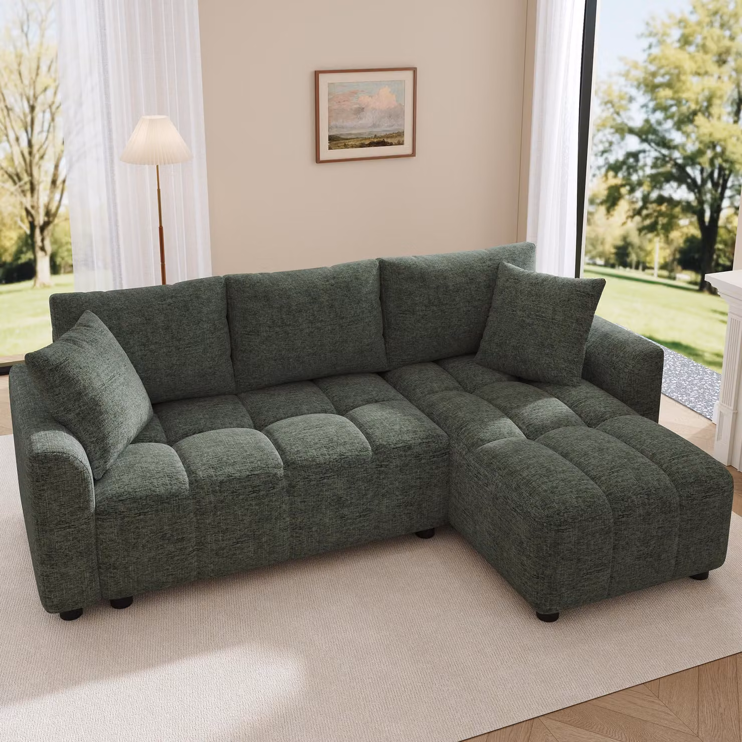 Divano a 3 posti Merax, divano ad angolo a L con chaise longue, tessuto in ciniglia, divano per soggiorno e appartamento, con 2 cuscini, divano, verde
