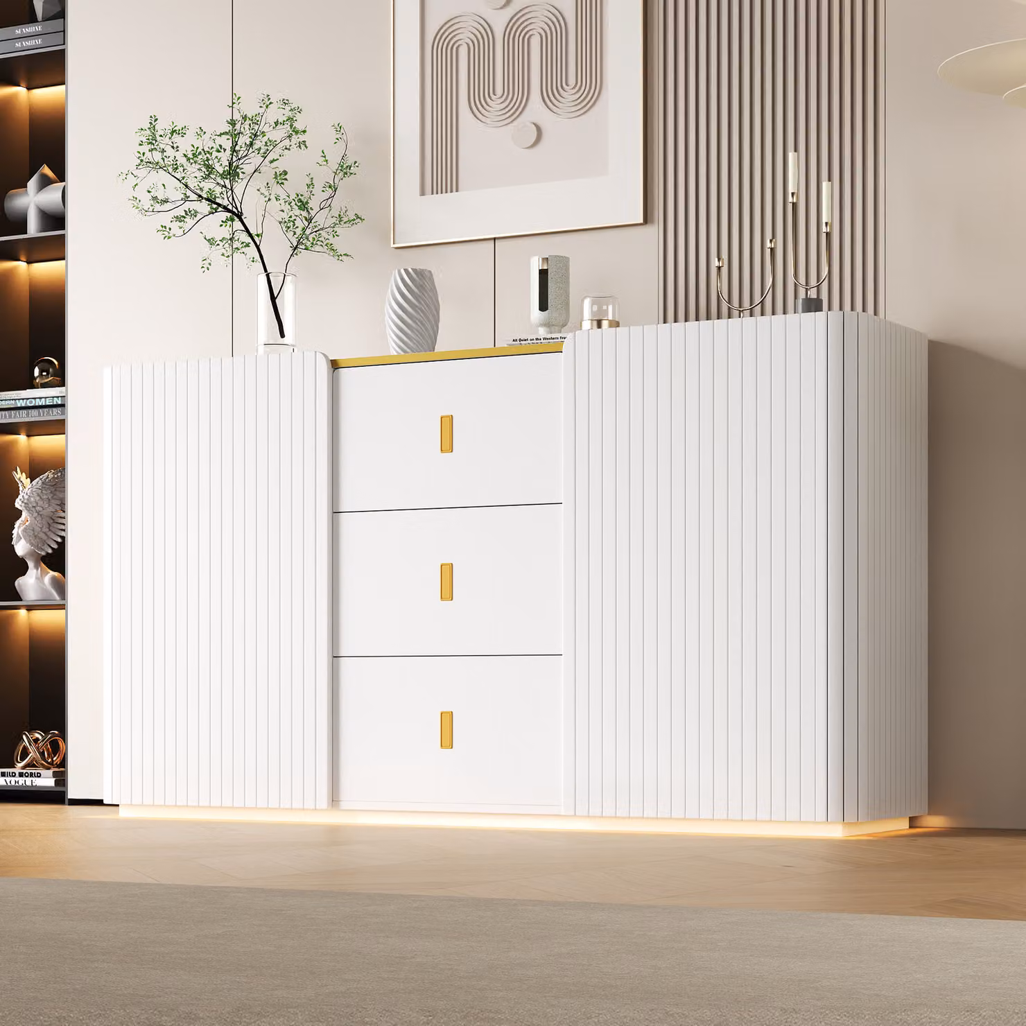 Credenza Merax LED larga 150 cm, credenza multifunzionale, cassettiera con 2 ante e 3 cassetti, credenza per soggiorno, cucina, bianco