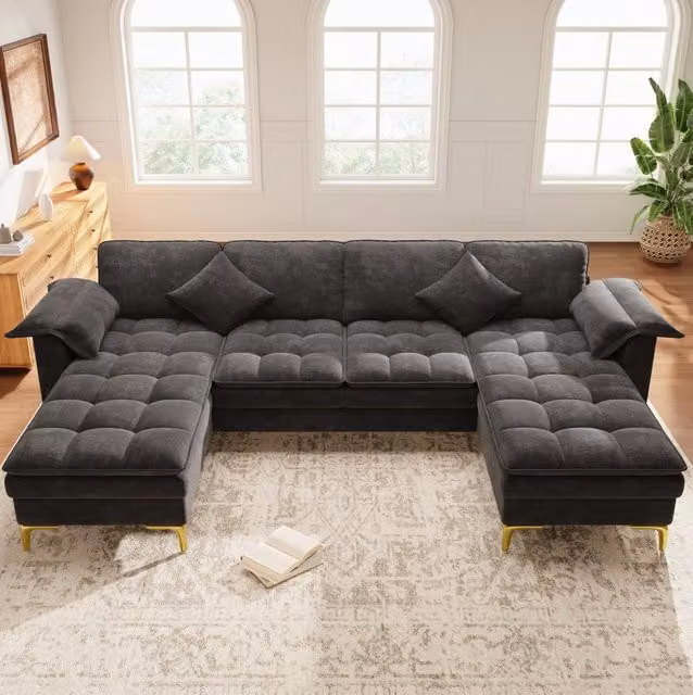 Divano angolare a U ULEVR 262x134x86 cm, 4-5 posti con 2 chaise longue e rivestimento in ciniglia grigia