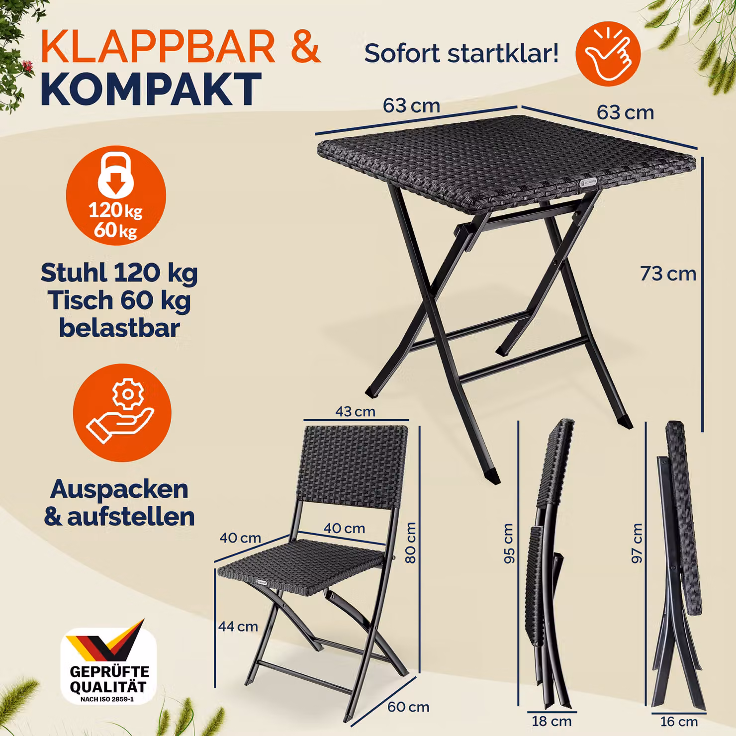 Set da esterno Casaria composto da 3 pezzi in polyrattan nero con design moderno e pieghevole per balcone, terrazzo o giardino – 3