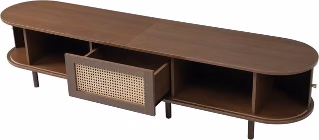 Mobile TV con cassetto, 2 ante scorrevoli e vani aperti, noce scuro effetto rattan, per soggiorno, 180 × 40 × 40 cm