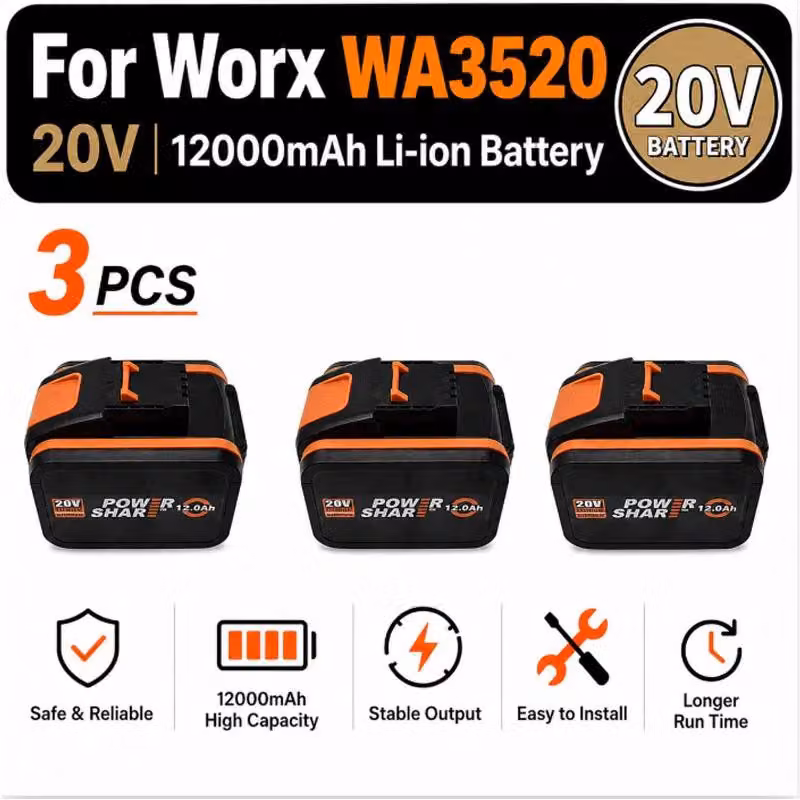Batterie agli ioni di litio, capacità 12,0 Ah, compatibili con i modelli Worx, modello: 15C-12.0Ah X 3